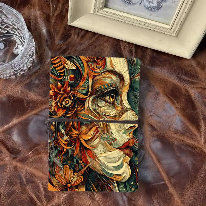 Vintage A6 Handmade Notebook Tie Closure 160 Pages Great Meeting Record Gift for HR Managers with Face, flower, bee, decorative patterns Pattern
