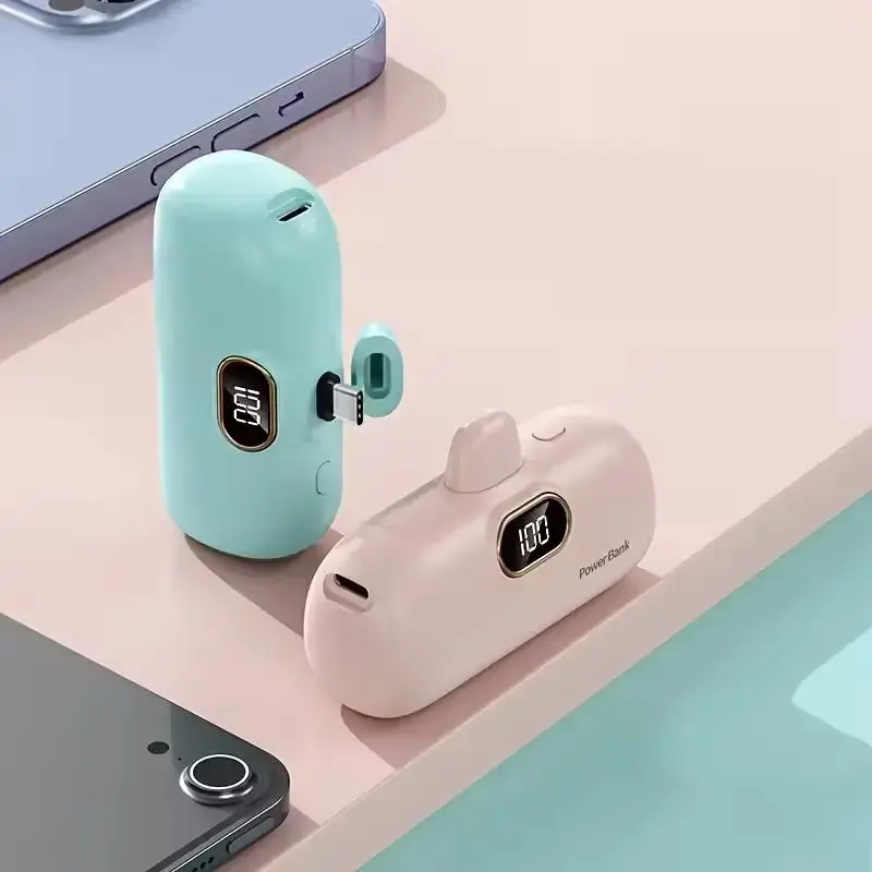 22.5W Pocket Capsule Power Bank, Built-in Lightning & Type-C Plug Digital Display Fast Charger, Portable Emergency Charger for iPhone Android Travel, Multiple Colors Optional