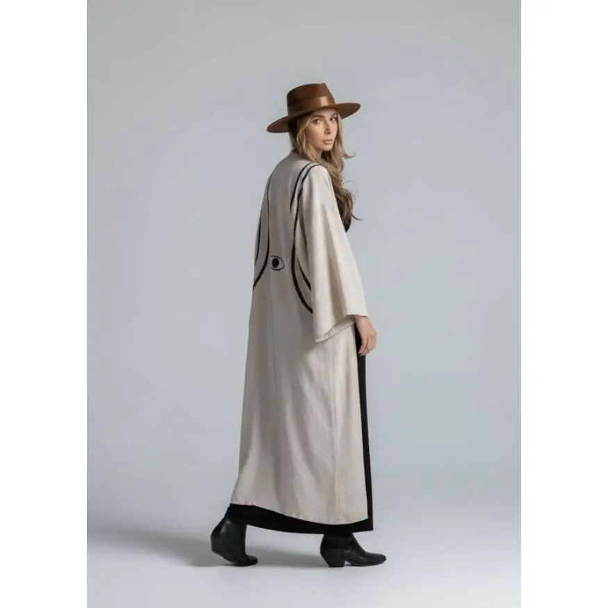 Women's 1-Piece Hand-Painted Warrior Eye Linen Kimono Cape - Natural, Breathable, Maxi Length, Casual Layering Workwear Uniform, Elbow Slit Sleeves, Eye Motif, Harness Stripe, Bottom Layer Clothing, One Piece