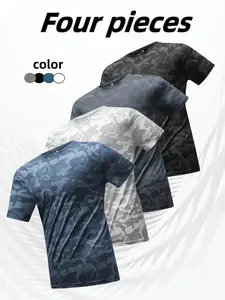 4-pack men’s T-shirts with camouflage pattern, quick-dry sports tops/shirts, crew neck design made from ice silk fiber fabric, suitable for running and fitness.