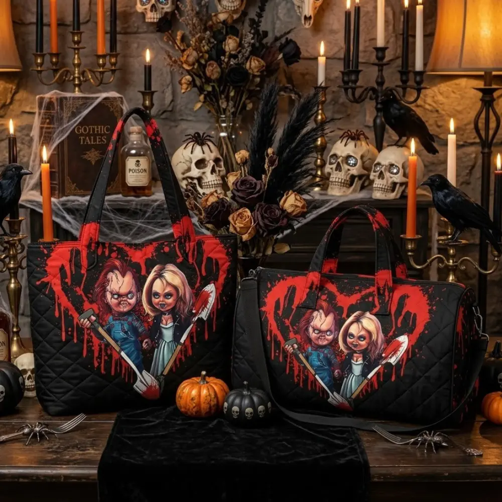 Chucky and Tiffany Quilted Tote Bag and Weekend Bag Set, Bloody Killer Doll Couple Halloween Horror Graphic Design, Gift for Horror Movie Fans
