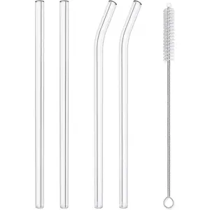 Reusable Glass Straws Set, 5-piece Drinking Straws with Cleaning Brush, 10" x 10 mm, Dishwasher Safe Cocktails Handmade