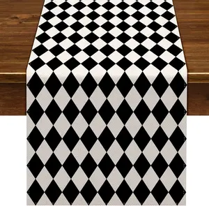 Linen Black White  Lattice Table Runner  Themed Party Decorations Picnic Holiday Checkered Buffalo Plaid Table Cover for Kitchen Dining Room (13" x 90")