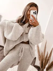 Women's V-Neck Long Sleeve Knit Button Top & High-Waisted Pants Set, Casual Loose-Fitting Knitted for Spring Summer Fall Winter