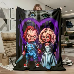 1pc Chucky and Tiffany Doll Couple Flannel Blanket for Sofa, Bed, Movie Night, Camping, Travel, Super Soft Cozy Warm Throw, All Season Lightweight Gift.