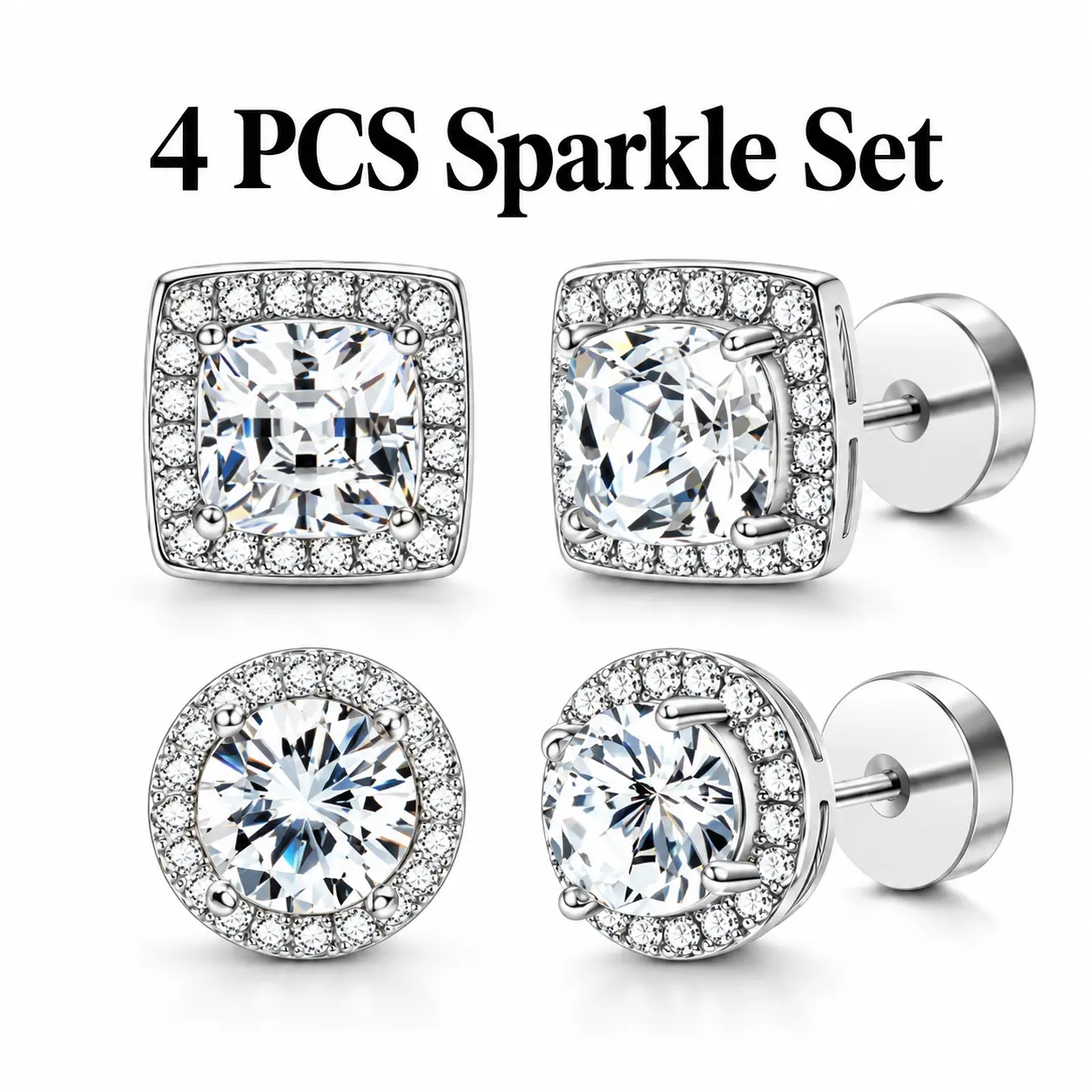 Halo Cubic Zirconia Stud Earrings 2 Pairs Set, Round & Square Shape Flat Back Screw Back Earrings, Shiny CZ Earring Pack for Party Daily Outfit