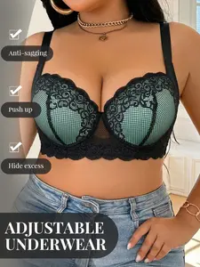 Plus Size Lace Push-Up Bra,Underwire Support Anti-Sagging Cover Side Breasts,Adjustable Wide Straps, Elegant lace Breathable and Buttery Soft Daily Wear