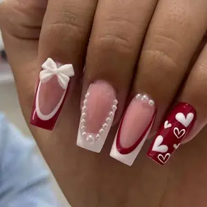 24pcs Medium Square Acrylic Nails, Sweet Heart Design, Pearl & Bowknot, Glossy Finish, Perfect for Parties & Daily Wear, Acrylic Nail Set
