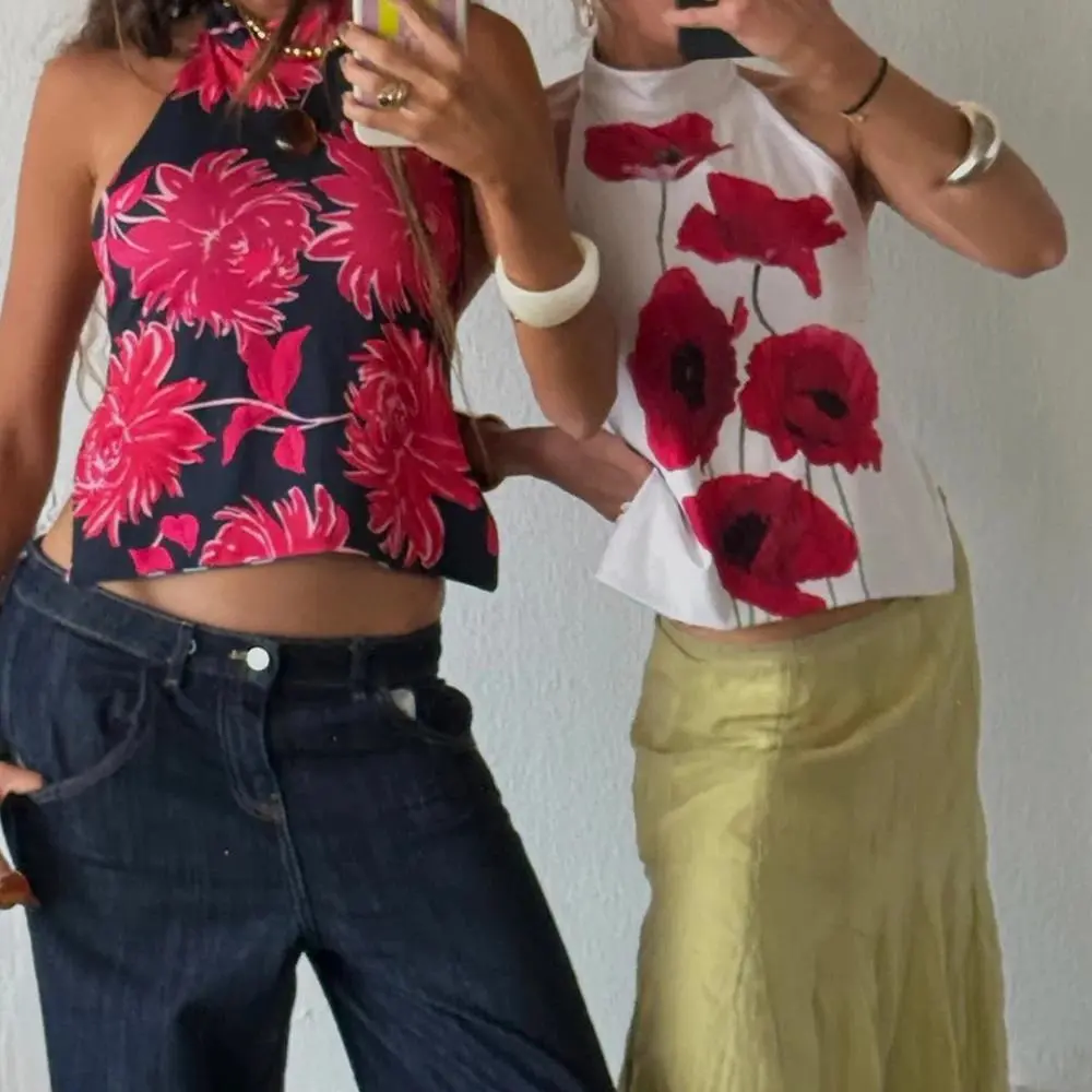 Women y2k Vintage Halter Floral Print Tanks Tops Summer Backless Going Out Crop Tops Sexy Open Back Boho Beach Camisoles Vests