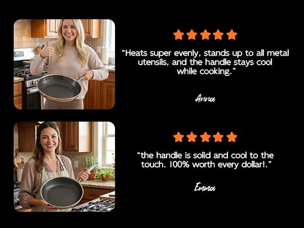 XBM Hybrid Nonstick Frying Pan with Tempered Glass Lid, Tri-Ply Stainless Steel Honeycomb Skillet, Healthy PTFE/PFOA Free Ceramic Coating, Stay-Cool Handle, Induction Ready & Oven Safe