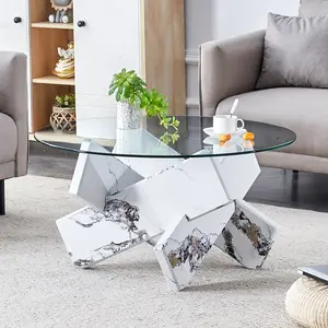 Round glass coffee table, 33.4 "modern design unique coffee table. Tempered glass countertop with white patterned MDF legs. Suitable for living and dining rooms