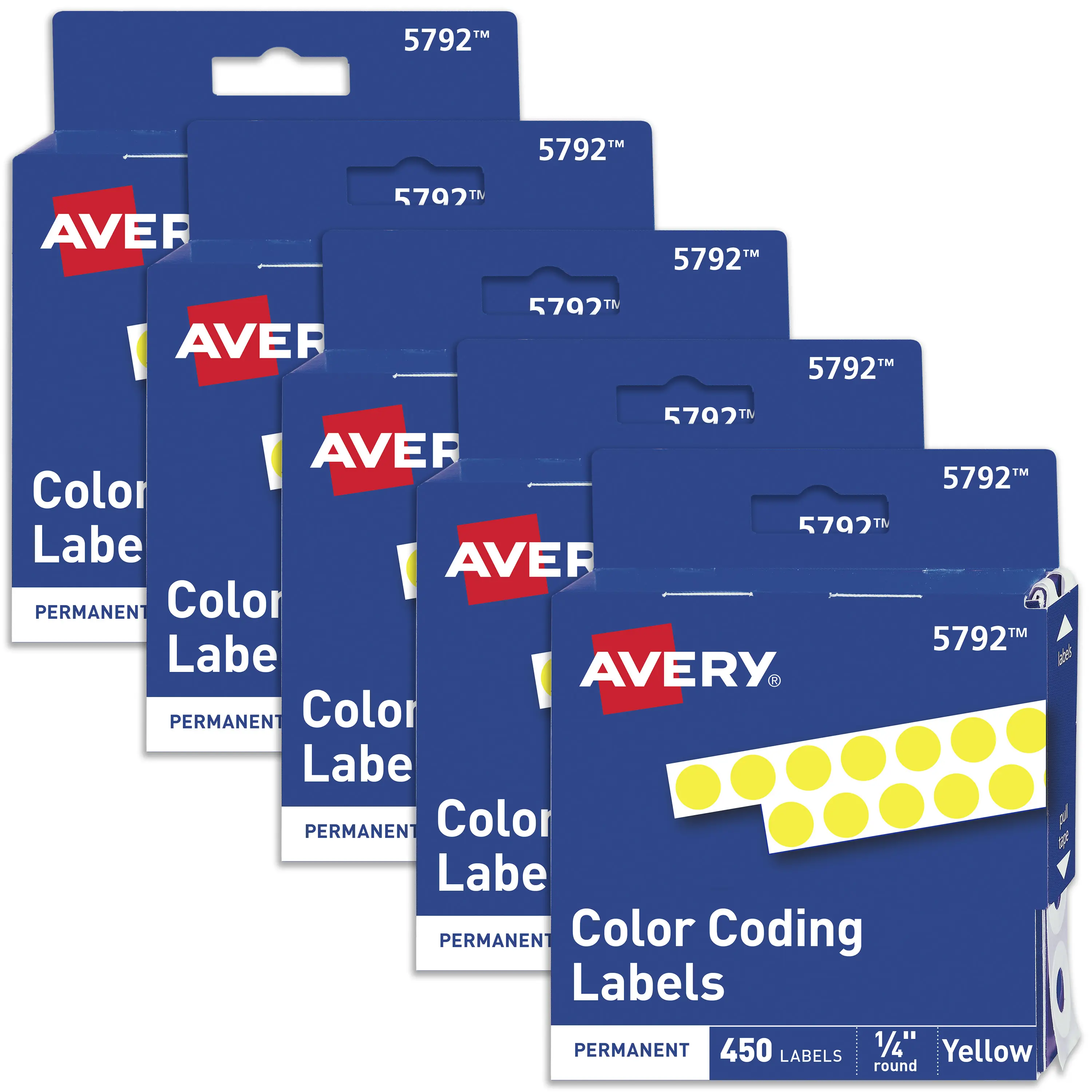 Avery Dot Stickers, 1/4 Inch Round Stickers, Non-Printer Compatible, Permanent Adhesive, 450 Yellow Labels Per Pack, 2,250 Round Labels Total (5 Packs of 5792), Sticky Labels, Round Dots