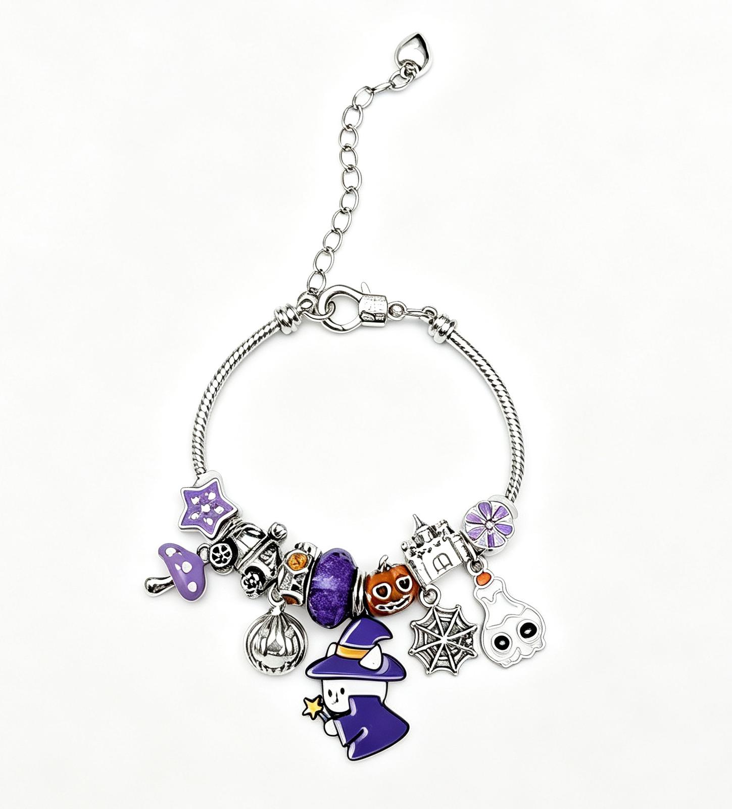 Halloween Witch Cat Charm Bracelet, Adjustable Silver Snake Chain Bangle with Pumpkin Ghost Spider Web Castle Purple Beads, Spooky Holiday Jewelry Gift for Women Teen Girls Halloween Witch Cat Charm Bracelet, Adjustable Silver Snake Chain Bangle with Pumpkin Ghost Spider Web Castle Purple Beads, Spooky Holiday Jewelry Gift for Women Teen Girls