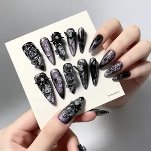 1Set, TRUTH AMOR Gothic Press On Nails, 10Pcs Long Stiletto Shape, Black Purple Glitter Gradient With Spider Crystal Metal Charms, Easy Wear For Party Daily, ViralDarkStyleNail, TrendyManicureAccessory, PortableNailDecoration