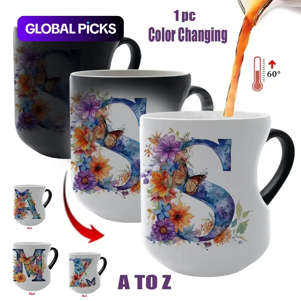 Heart Design Color Changing Floral Gift Mug, Valentines Mug, Cozy Mug, Funny Coffee Cup, Butterfly Initials Ceramic Cup, Ceramic Printed Drinkware, Heat Sensitive Magic Mug, Personalized Gift for Valentine's Day #GLOBAL PICKS