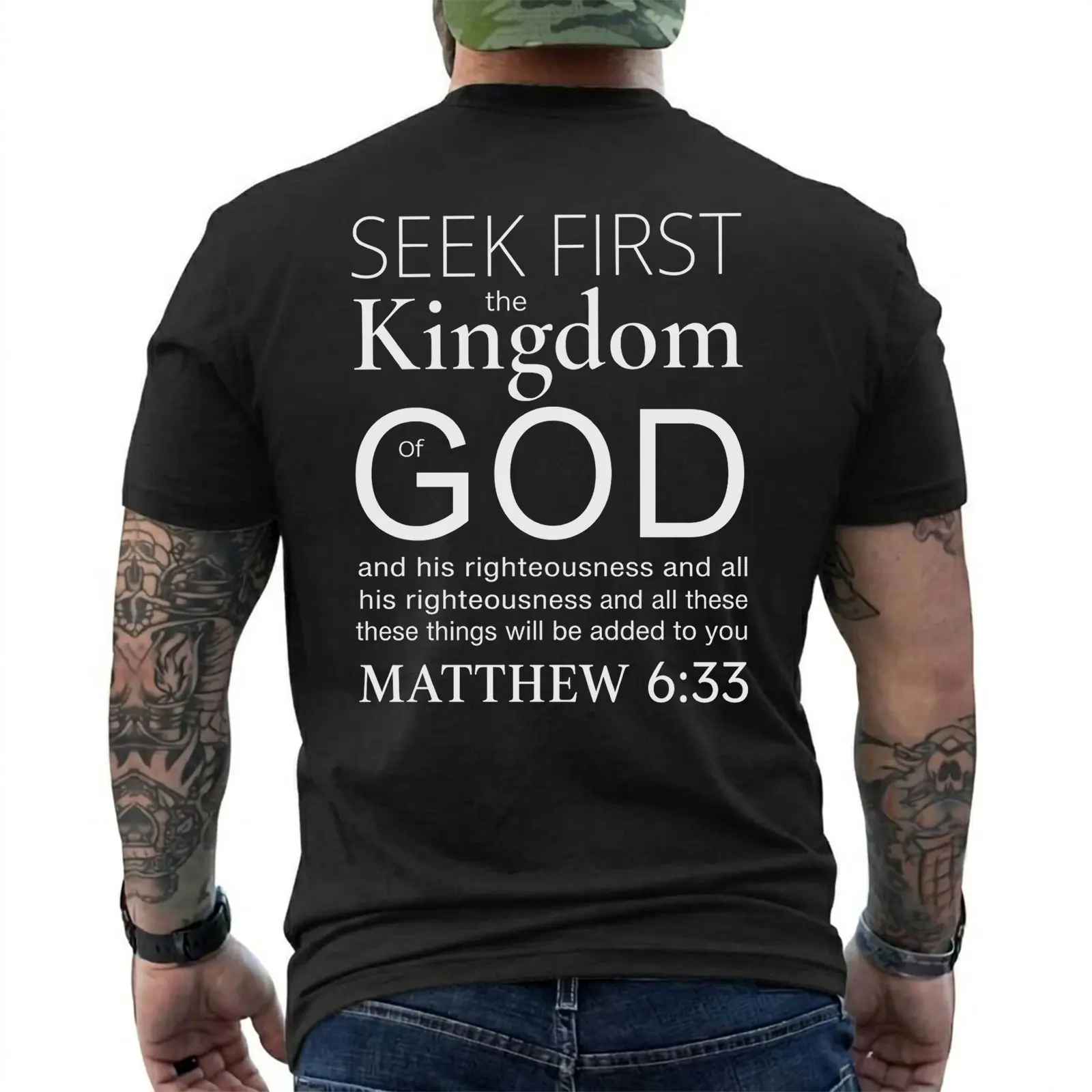 Seek First The Kingdom of God T-Shirt, Matthew 6:33 Christian Apparel, Religious Scripture Tee, Faith Based Gift, Minimalist Bible Verse Shirt, Fast Shipping, Short Sleeve Printed Graphic Shirt, Daily Casual Cotton Menswear