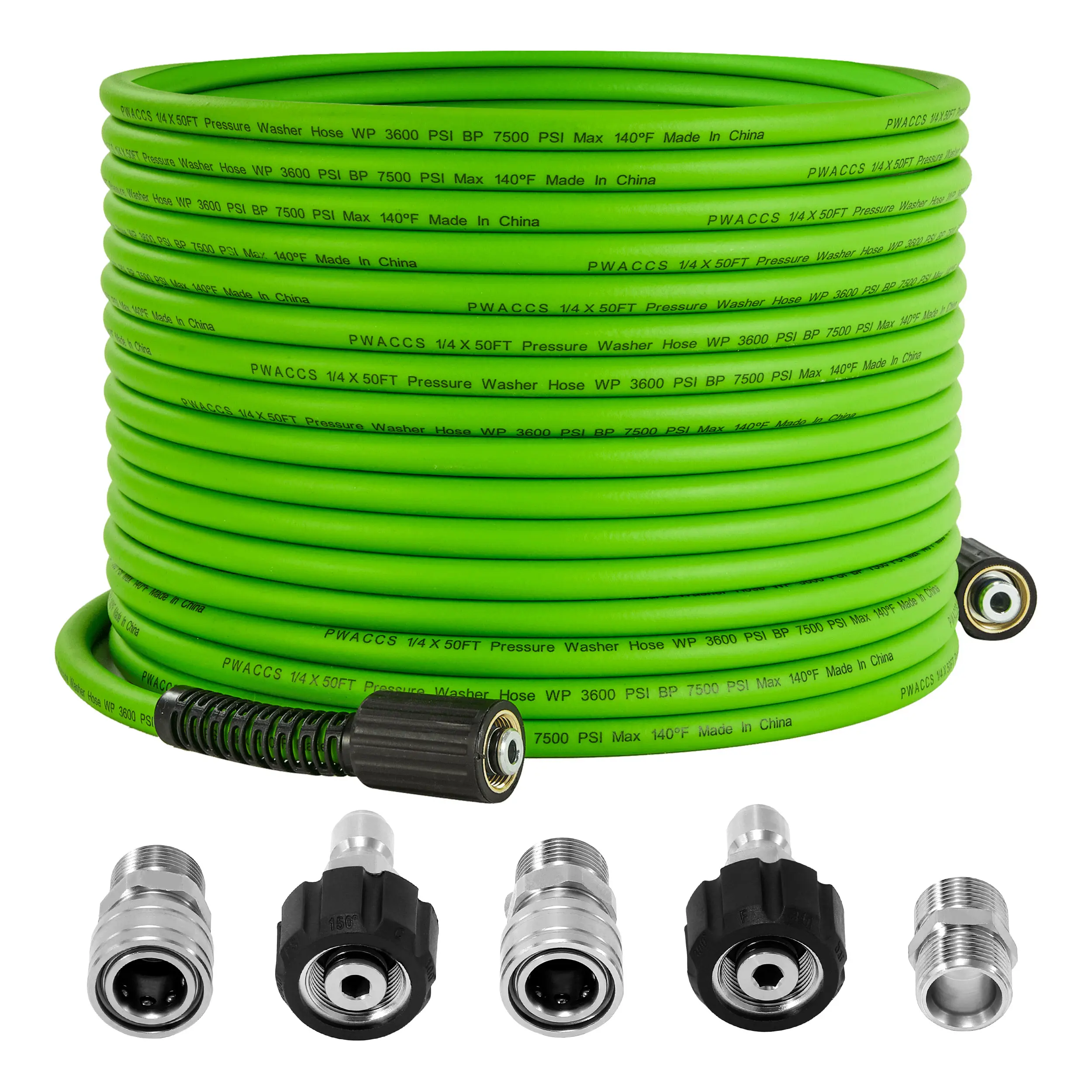 PWACCS Portable Pressure Washer Hose, 50 FT x 1/4 Inch Lightweight Kink-Free Polyester Hose, Quick Connect Universal Fit, M22 Stainless Steel Couplers, 3600 PSI Green Accessory for Car/Floor Cleaning (Option)【DealsForYouDays】