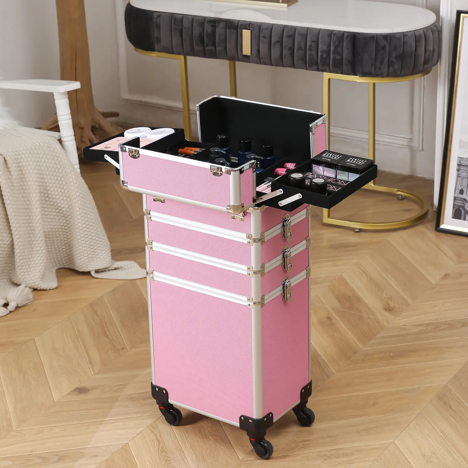 Pink 4 In 1 Aluminum Cosmetic Makeup Case With Wheels, Detachable Rolling Tattoo Supply Storage Box, Multi Compartment Professional Beauty Train Trolley For Makeup Artist Travel Salon Use
