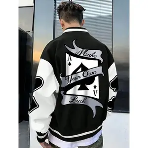 Men's Colorblock Letter Print Drop Shoulder Bomber Jacket, Fashion Casual Comfy Regular Fit Mock Neck Button Front Outerwear for Daily Outdoor Wear, Men Clothing for Fall & Winter