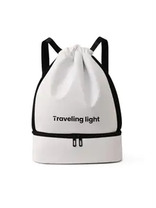 Black and White Drawstring Backpack with Shoe Compartment, Lightweight Waterproof Travel Gym Bag, "Travel Light" Backpack for Men and Women, Perfect for Sports, Swimming, Beach and Everyday Use