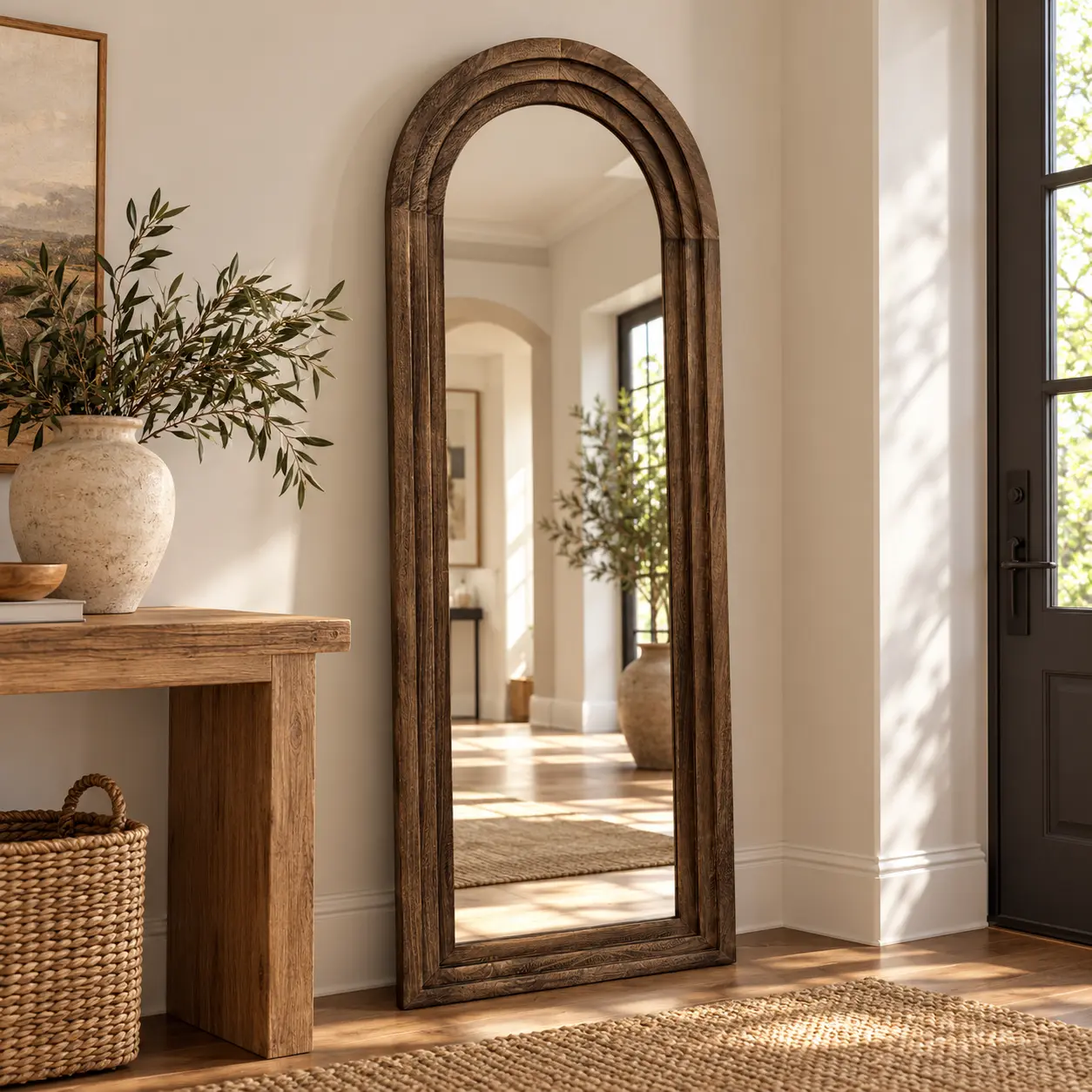 Arched Full Length Mirror 22 x 65 Inch, Rustic Solid Wood Frame Floor Mirror, Walnut Finish Large Leaning Mirror for Bedroom, Living Room, Entryway and Dressing Room