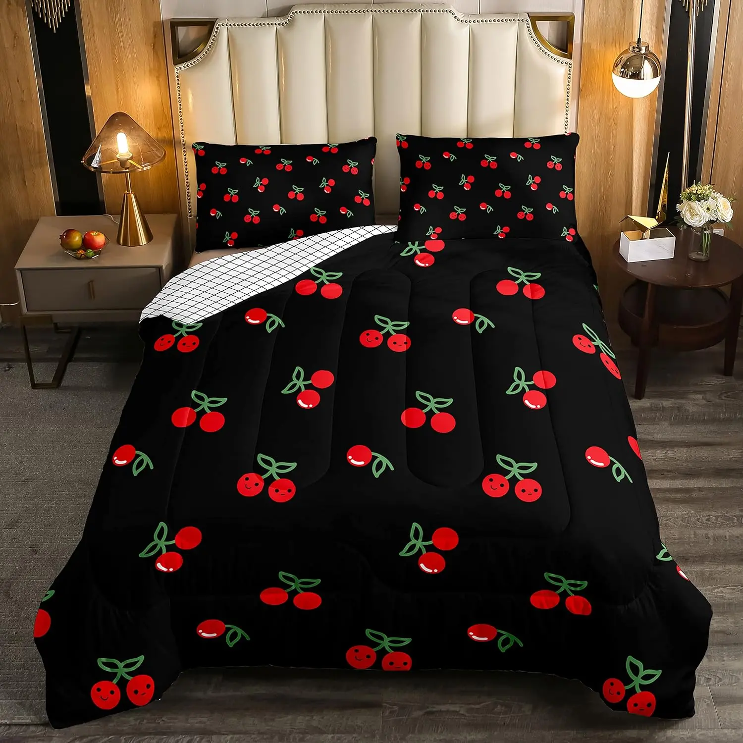 Feelyou Microfiber Decorative Bedding Set - Kawaii Cherries Print Reversible Quilted Duvet Comforter, Cute Cartoon Bedroom Decor, Multi-Size, Travel-Friendly, Microfiber Bedding Set