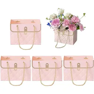 Flower Box Paper Bouquet Storage Bucket, Florist Flower Hand bag with Metal Chain Waterproof for Gifts Wrapping Supplies Bulk Mother's Day Valentine's Day Women's Day (Pink)