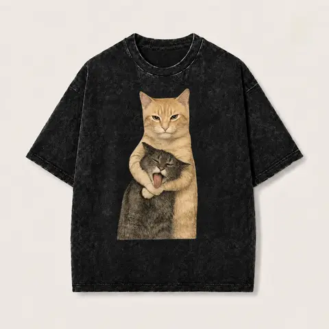 Men's 230g Soft Cotton Classic Fabric Tshirt - Vintage Brand Quilted, Washable Cat Quarrel Moment Print, Streetwear Casual Summer Top, Layer-Friendly, Cargo-Inspired Vibe, Shade-Ready, Father's Day Gift, Outfit Inspo