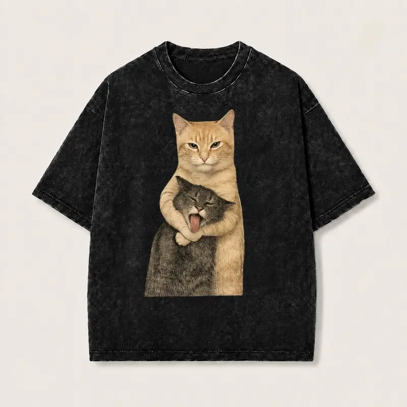 Men's 230g Soft Cotton Classic Fabric Tshirt - Vintage Brand Quilted, Washable Cat Quarrel Moment Print, Streetwear Casual Summer Top, Layer-Friendly, Cargo-Inspired Vibe, Shade-Ready, Father's Day Gift, Outfit Inspo
