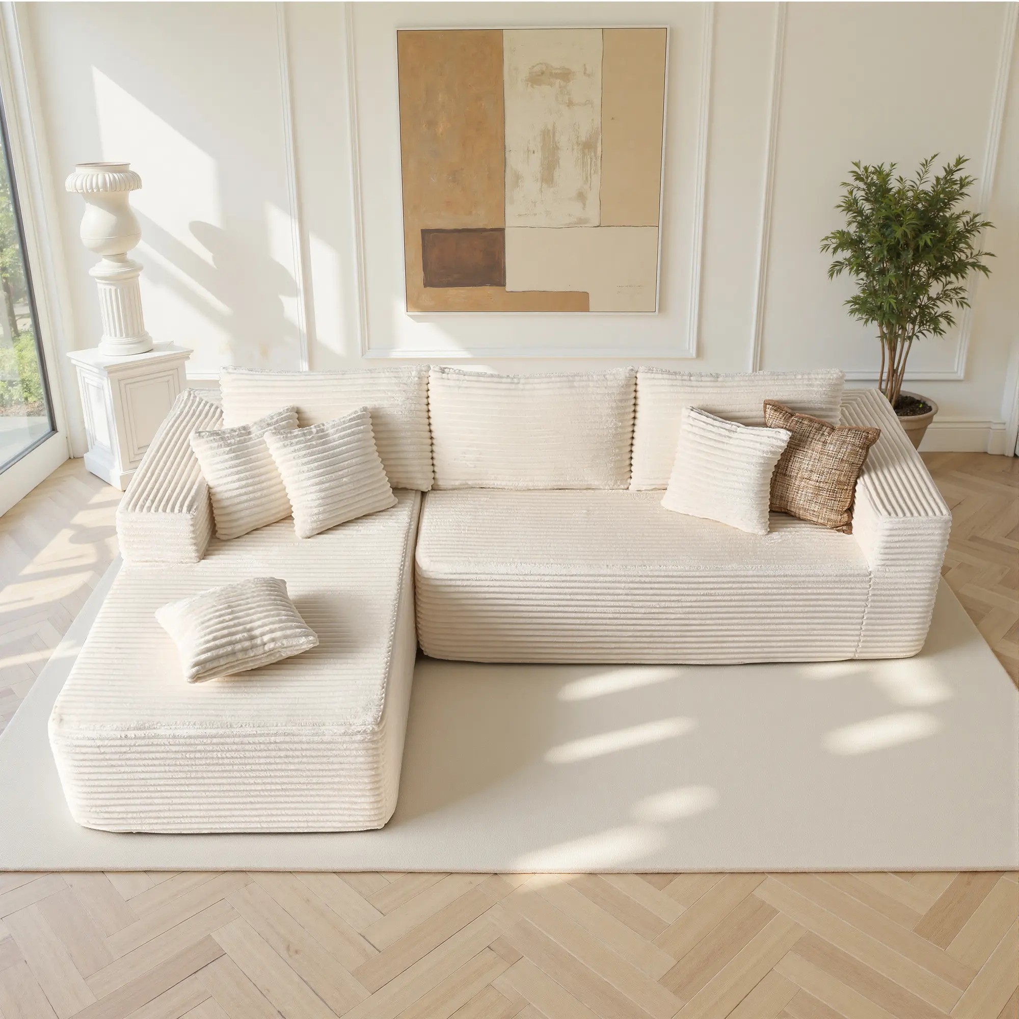 White Plush Corduroy Left Chaise