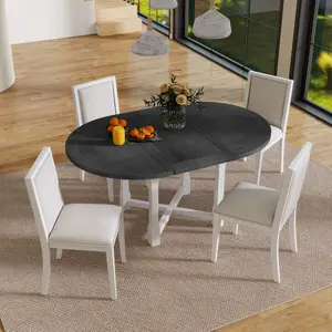 5-Piece Dining Table Set for 4, Round Extendable Dining Table with 4 Upholstered Chairs, Farmhouse Kitchen Table Set with Removable Leaf for Dining Room and Kitchen