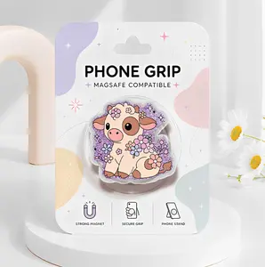 (Hot) Spring Flower Cow Kindle Grip, Sparkly Purple Resin Phone Grip MagSafe, Compatible with Strong Magnetic Attachment & Adapter Ring Included