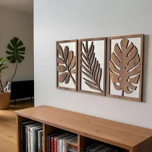 Vintage Wooden Leaf Floral Print Design Wall Art Set, Artistic, Easy Installation, Removable, Reusable Matte Finish, Perfect for Living Room Bedroom Office Decor, Decoration
