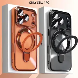Suitable for iPhone 17 ProMax 17Air 16 15 14 13 Pro Max 16Plus Protective, Shockproof Phone Cover, Electroplating Transparent Wireless Charging Magnetic Bracket Phone Case with lens Film Protection Ultra-Thin
