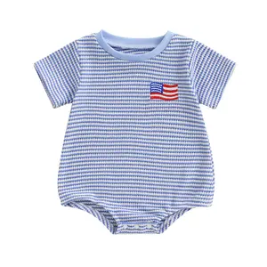 Newborn Infant Baby Boy Girl 4th of July Romper Outfits USA Flag Print Short Sleeve Onesie Bodysuit American Flag Waffle Clothes
