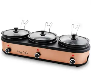 3000W Triple 2.5 Quart Slow Cooker and Buffet Server in Brushed Copper and Black Finish with 3 Removable Lid Rests, Includes 3 Ceramic Cooking Pots