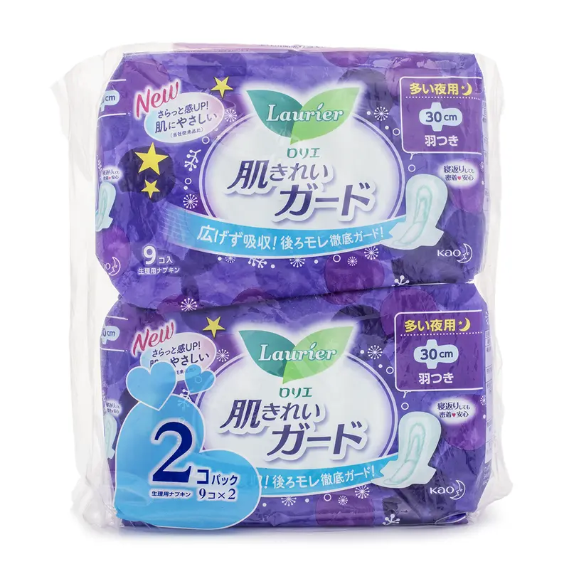 Kao Laurier 30cm Absorbent Sanitary Pads with Wings - Thin, Leakproof, Breathable, Long Lasting, Soft & Skin-Friendly, Overnight Disposable, 3D Wings Hug Legs for Secure Fit, High Volume, Comfortable Feeling Burst, 9pcs x 2 Bags Set