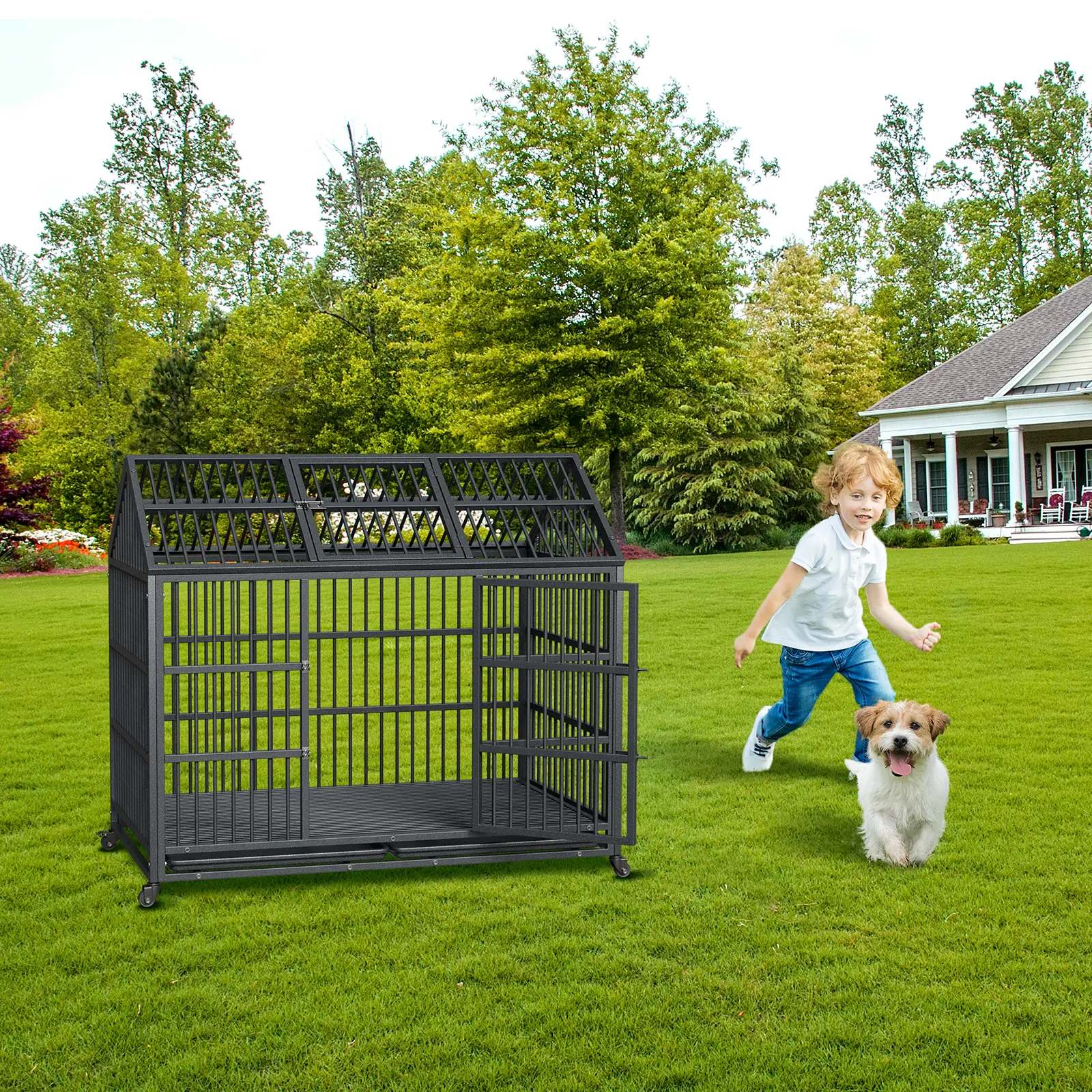 52-inch pointed top sliding rail dog cage