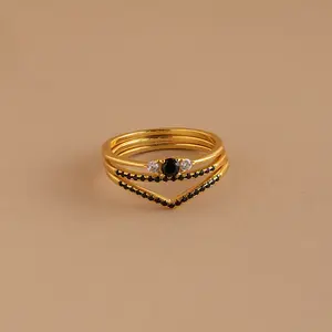 Black Curve Ring Set by Caitlyn Minimalist - Set of 3 Black Onyx Stacking Rings in Gold - Vintage Jewelry - Gift for Her