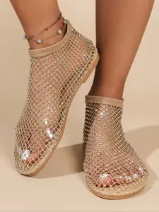 Women's Fashionable Glitter Mesh Sandals, Casual Comfortable Flat Sandals for Beach Party, Breathable Shoes for Daily Wear, Girl, Party Footwear