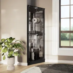 Lighted Corner Display Curio Cabinet Wooden Shelving Unit with Tempered Glass Door, Bar and Liquor Storage Area with 6 Shelves - Woody (Black)