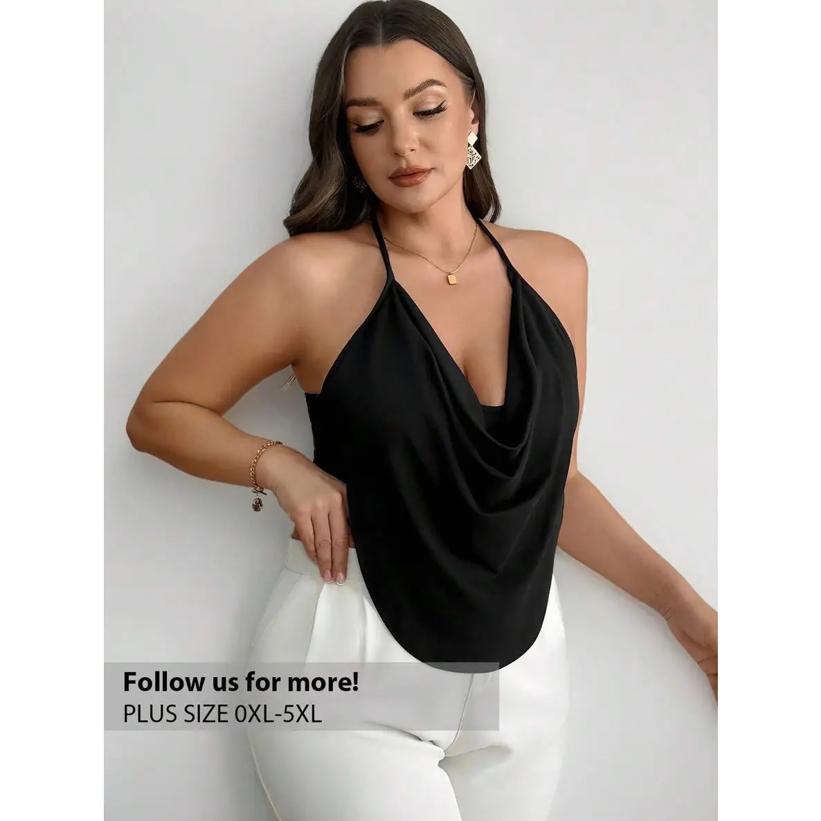 Plus Size Comfortable Elegant Delicate Draped Neck Black Halter Top For Women