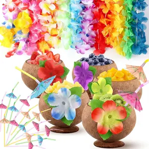 Yungyan 5 Set Hawaiian Coconut Cups Natural 10oz Coconut Bowls with Umbrella Straws Hawaiian Luau Party Supplies for Tropical Beach Decorations, Summer Events