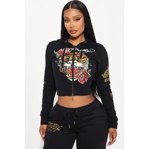 Ed Hardy Retro Tiger Zip Front Hoodie - Black X