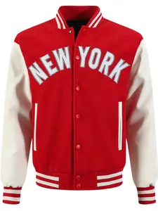 Men's red  Baseball Jacket, Casual Fashion High-End Embroidered Button-Up, Patchwork white PU Long Sleeve College Style Coat