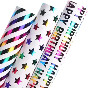 Birthday Wrapping Paper Iridescent  Wrap Mini Roll, 3 Rolls Happy Birthday Stars Stripes Printed for Boys  - 17 inch x 120 inch(10feet) Per Roll