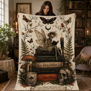 Dark Fantasy Fairy Flannel Blanket, Soft Warm Cozy Plush Throw for Bed Sofa, Gothic Pixie Cottagecore Room Decor, Book Lover Halloween Christmas Gift