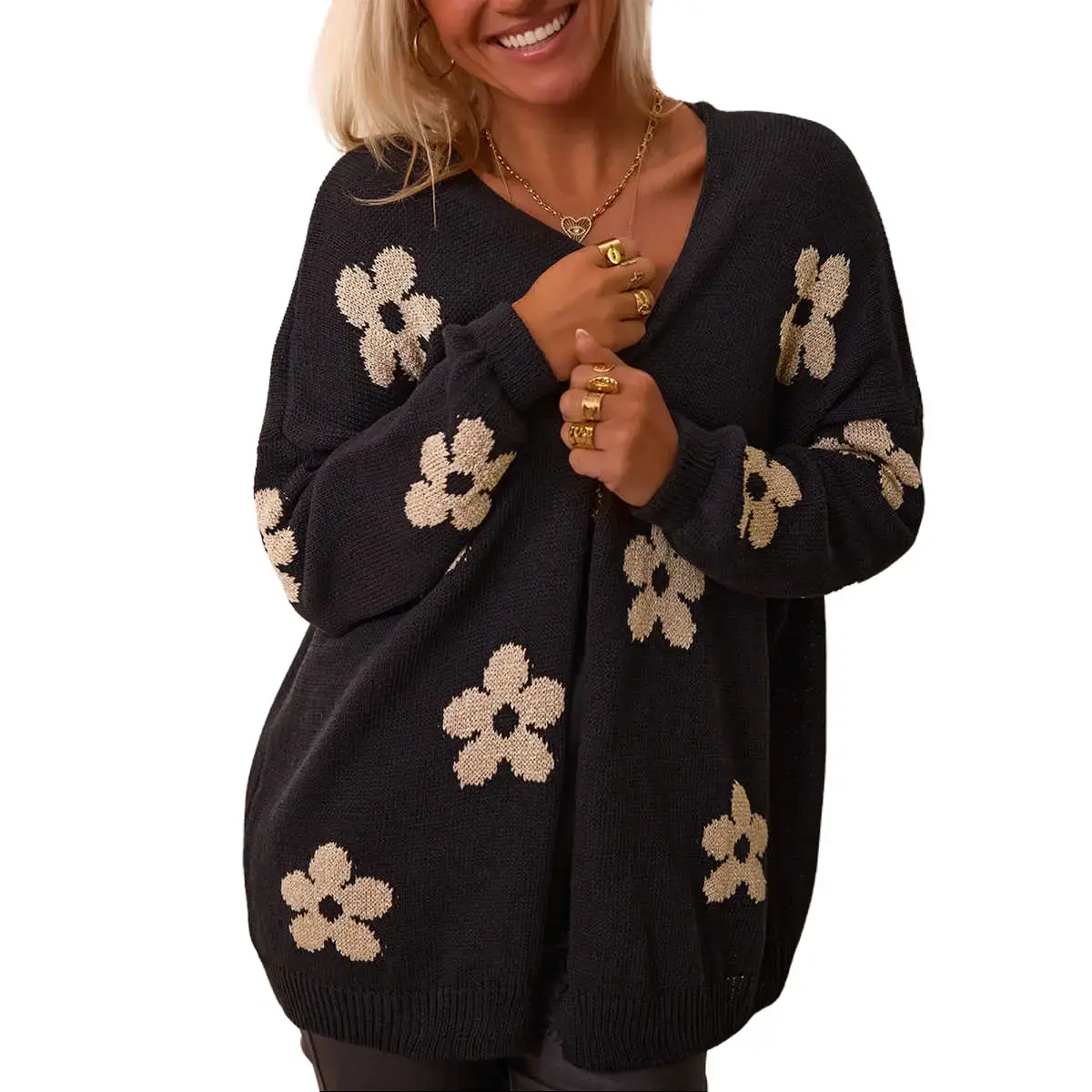 Women's Black Floral Print Cardigan, Chic Tunic-Fit Open-Front Knitwear with Long Sleeves, Casual Cotton Blend Top, Style, Piece