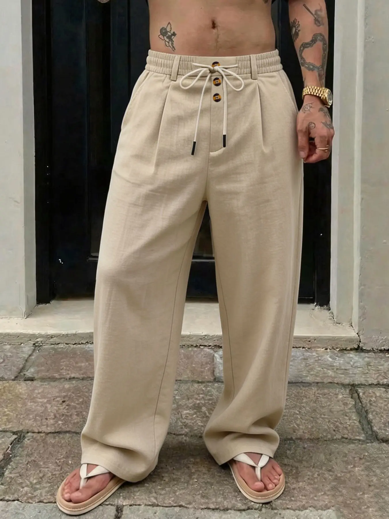 Summer Men's Breathable Pleated Casual Trouser Straight Leg Pants, Loose Baggy Drawstring Elastic Linen Style Long Pants, Multi-Color Options, Comfortable Everyday Wear, Casual Wear Bottoms