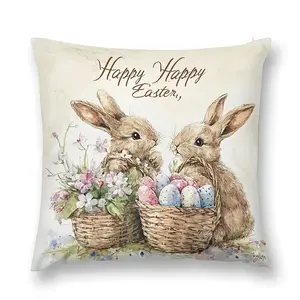 1pc, Charming Easter Bunny Throw Pillow Covers, "Happy Easter" Design with Adorable Rabbits & Decorative Eggs, Suitable Spring Perfect for Sofa & Bed Decor, Single Sided Printing, No Pillow Core